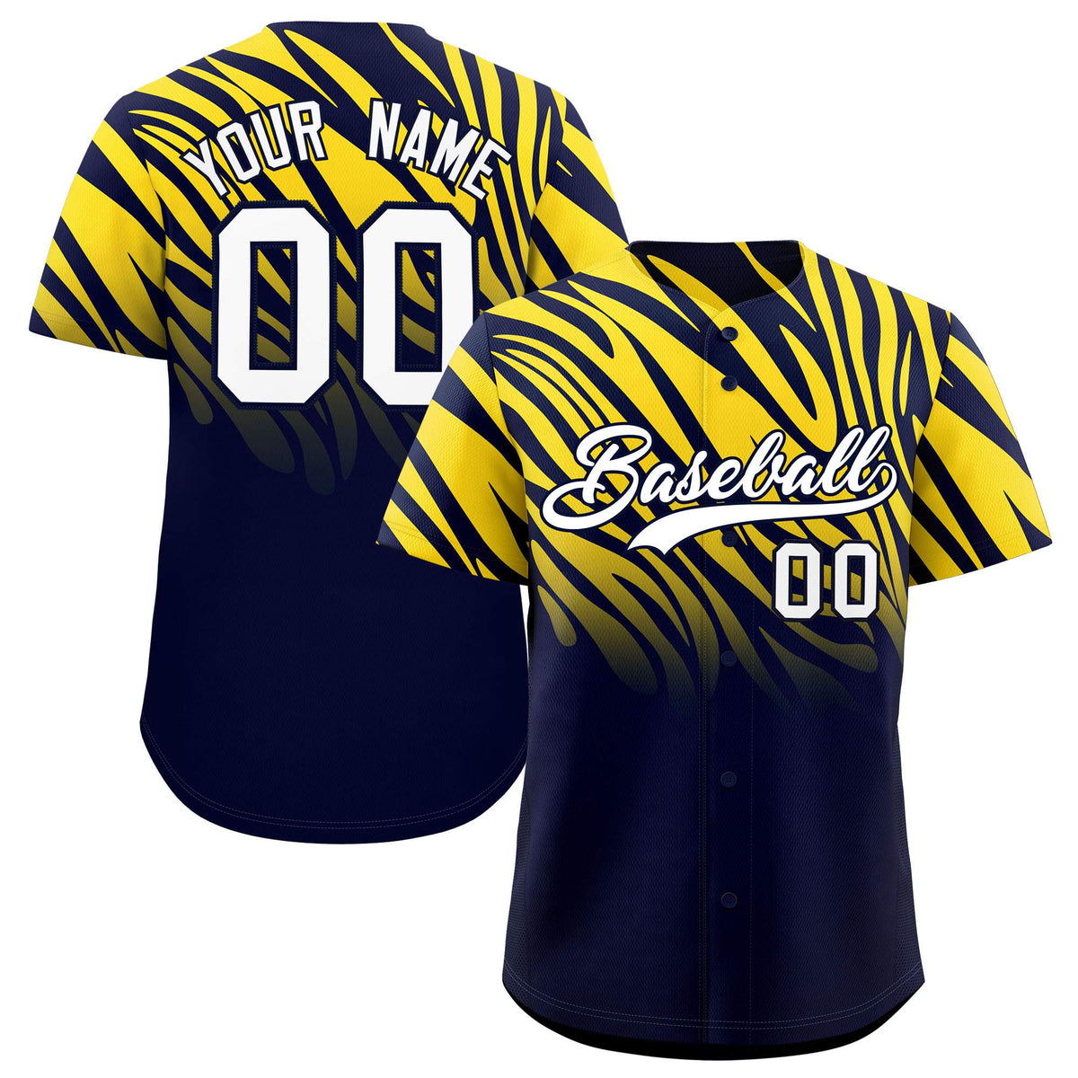 Custom Navy Gold Tiger Stripe Gradient Animal Print Personalized Team Shirt Baseball Jersey
