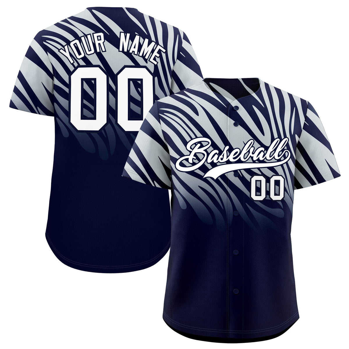 Custom Navy Silver Tiger Stripe Gradient Animal Print Personalized Team Shirt Baseball Jersey