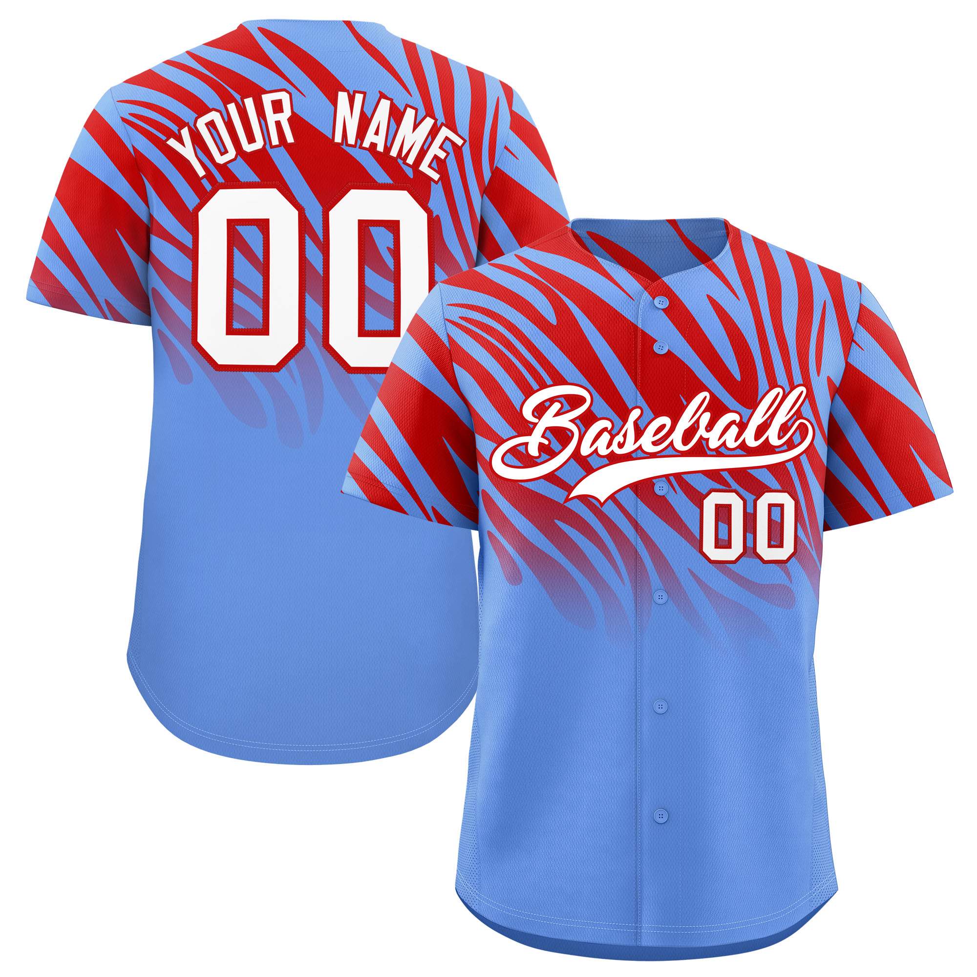 Custom Red Light Blue Tiger Stripe Gradient Animal Print Personalized Team Shirt Baseball Jersey