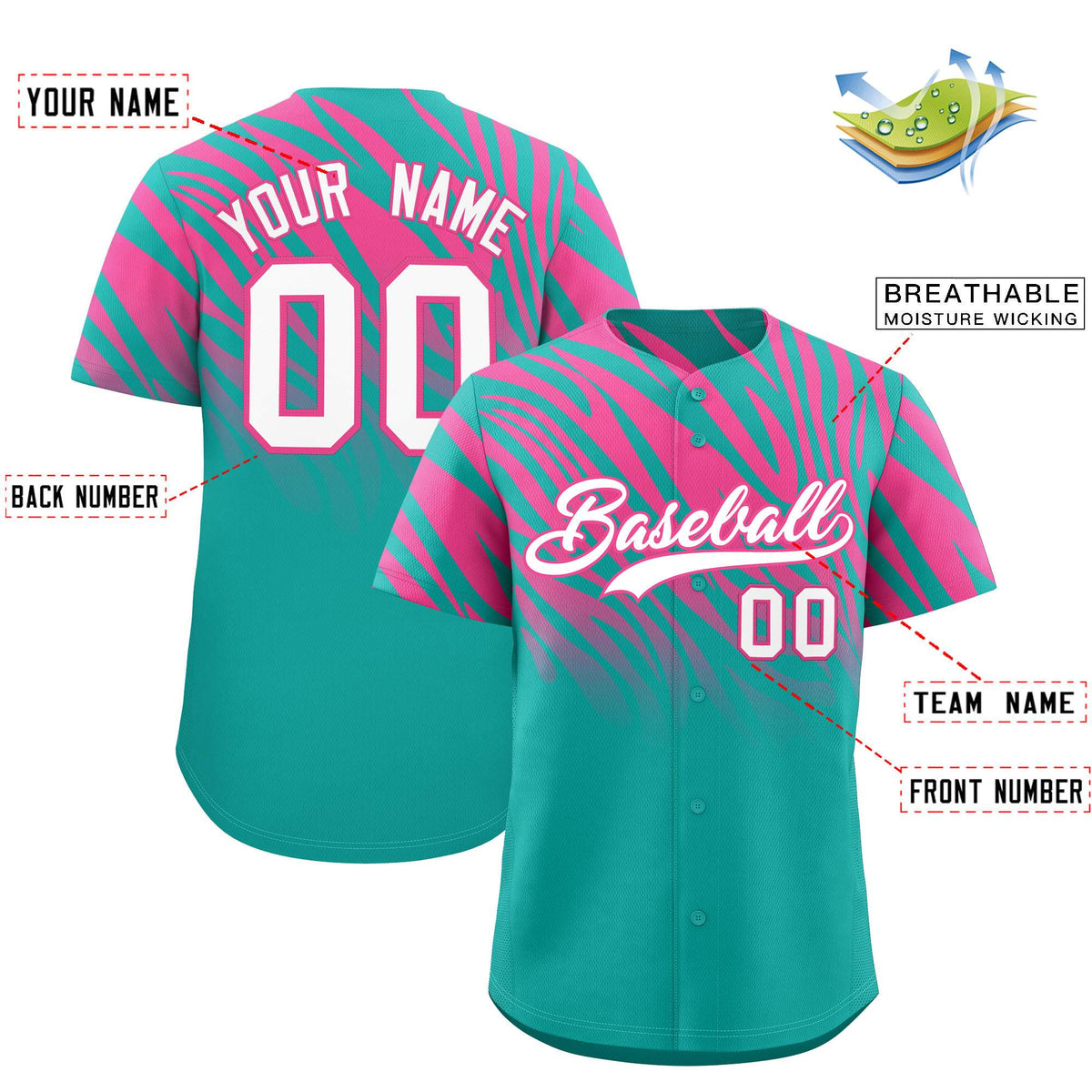 Custom Aqua Pink Tiger Stripe Gradient Animal Print Personalized Team Shirt Baseball Jersey
