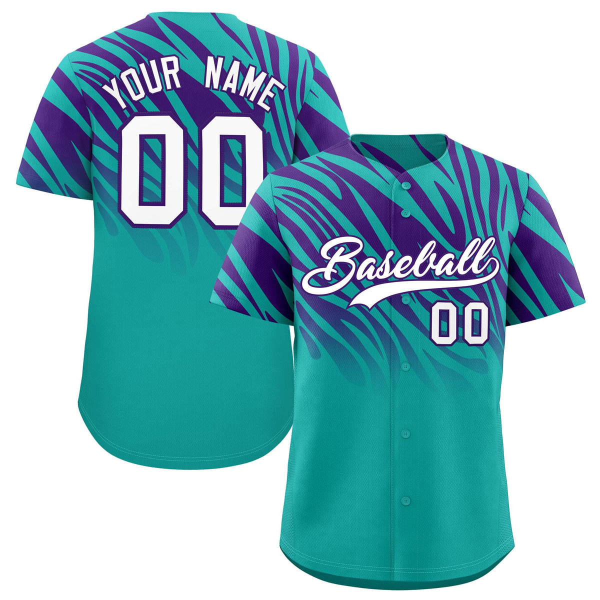 Custom Aqua Purple Tiger Stripe Gradient Animal Print Personalized Team Shirt Baseball Jersey