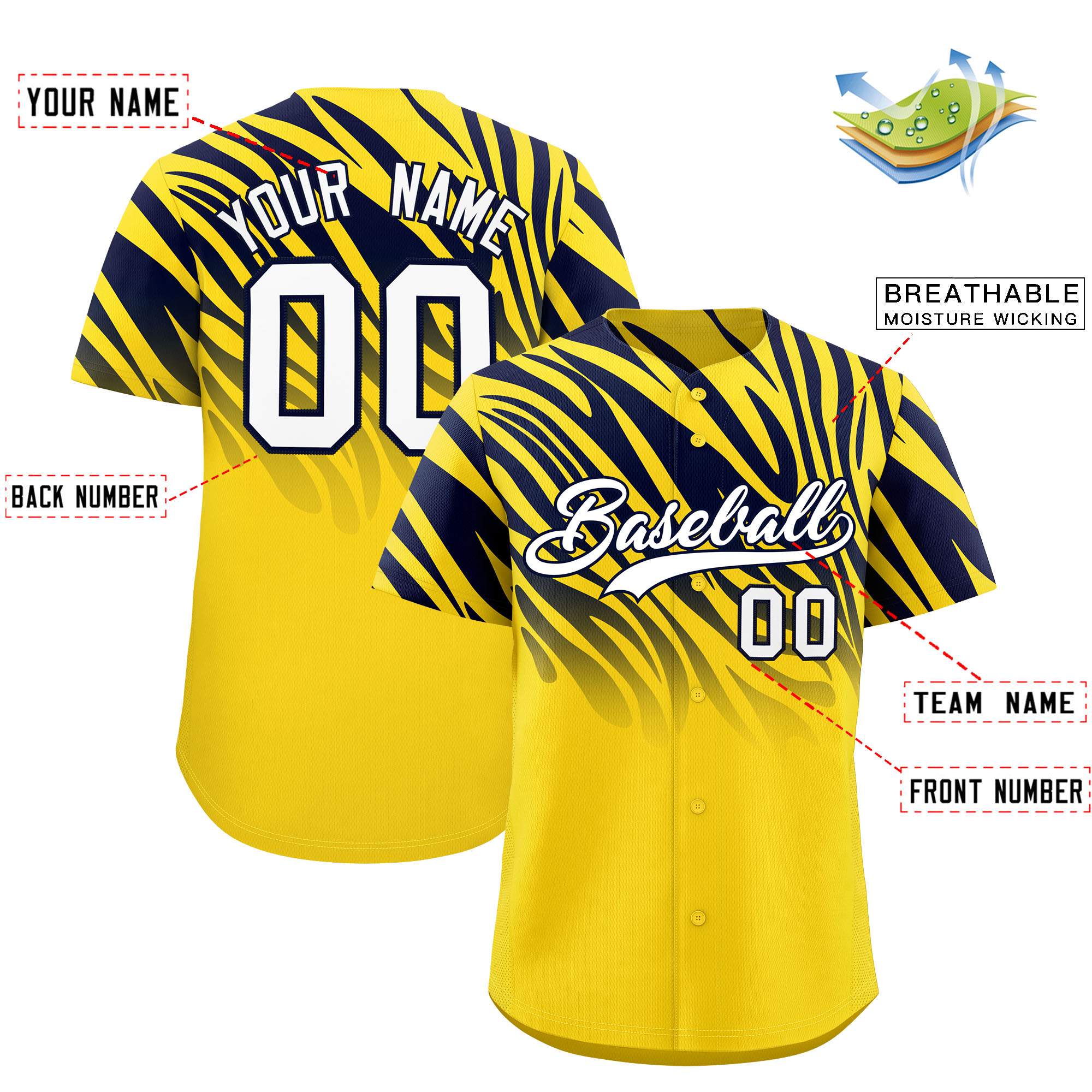 Custom Gold Navy Tiger Stripe Gradient Animal Print Personalized Team Shirt Baseball Jersey