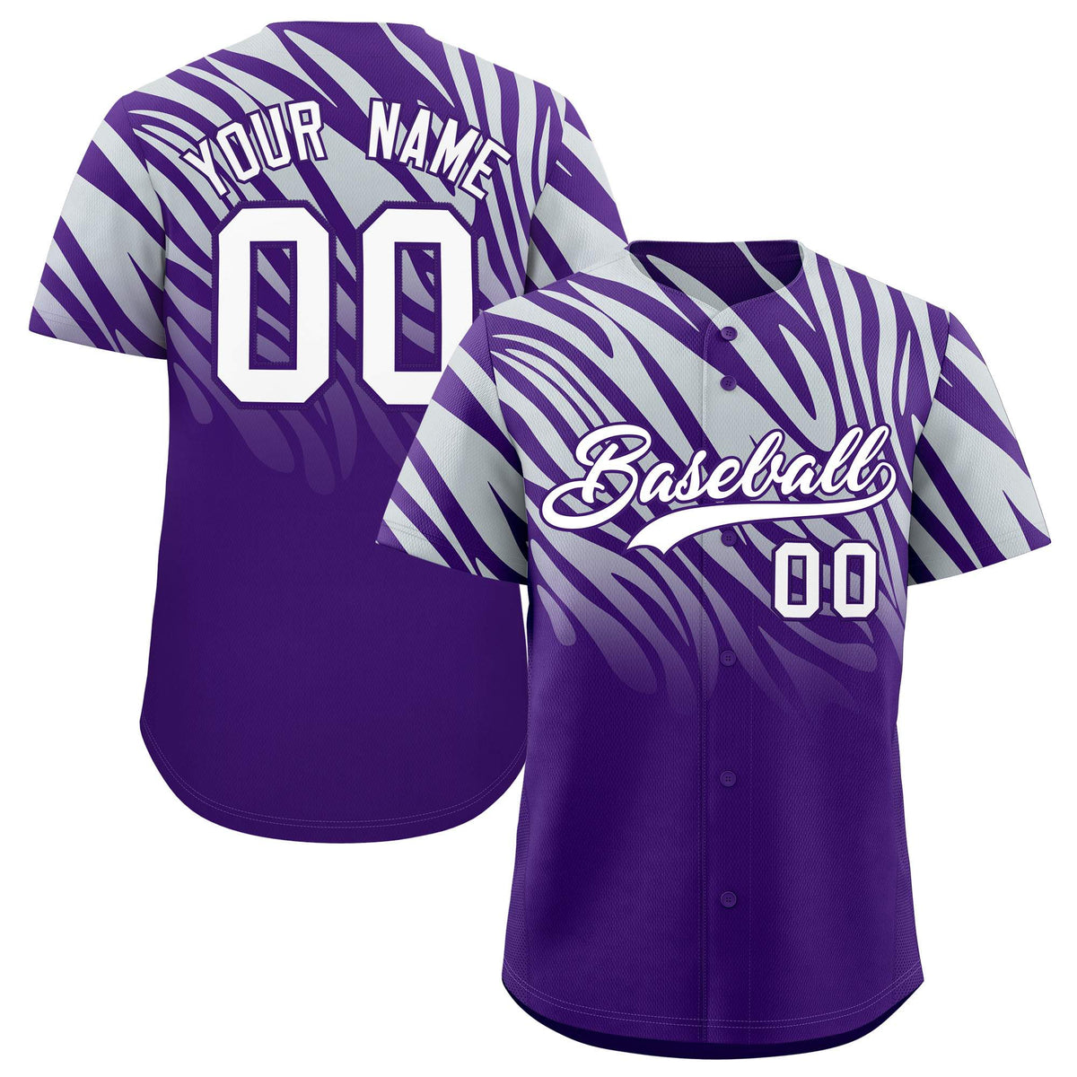 Custom Purple Silver Tiger Stripe Gradient Animal Print Personalized Team Shirt Baseball Jersey