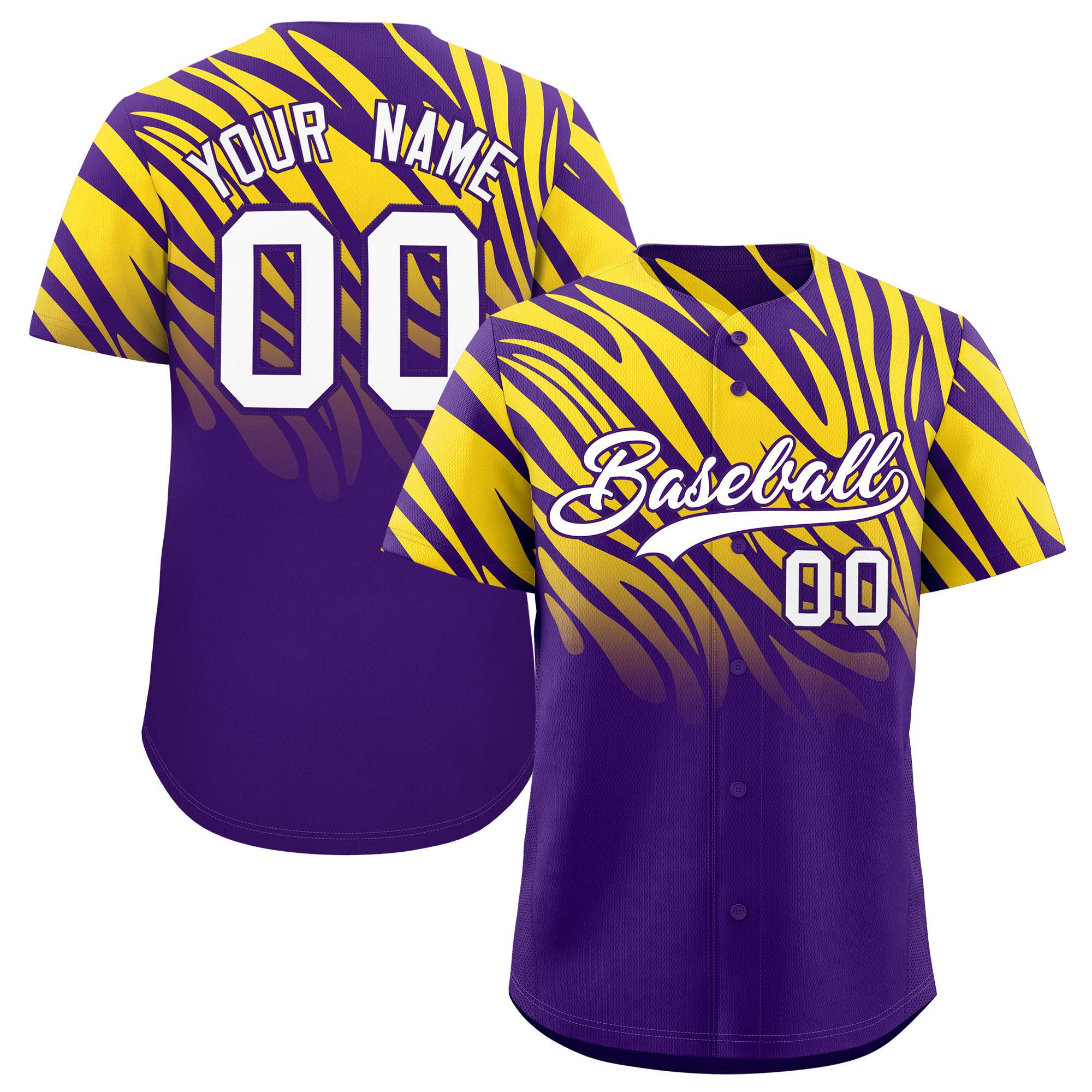 Custom Purple Gold Tiger Stripe Gradient Animal Print Personalized Team Shirt Baseball Jersey