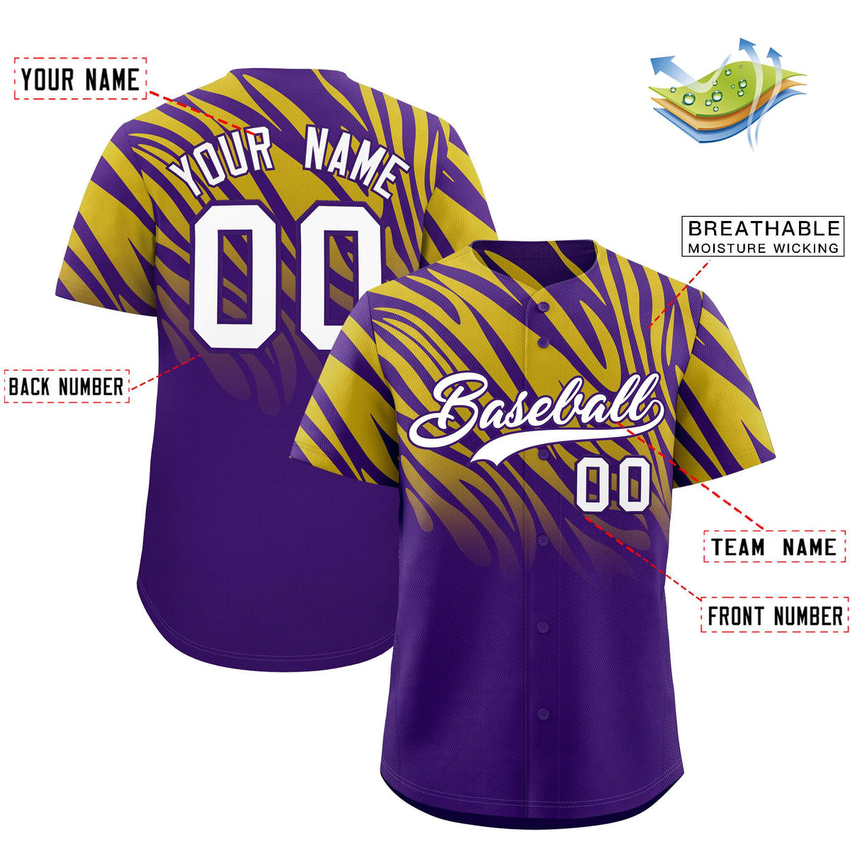 Custom Purple Old Gold Tiger Stripe Gradient Animal Print Personalized Team Shirt Baseball Jersey