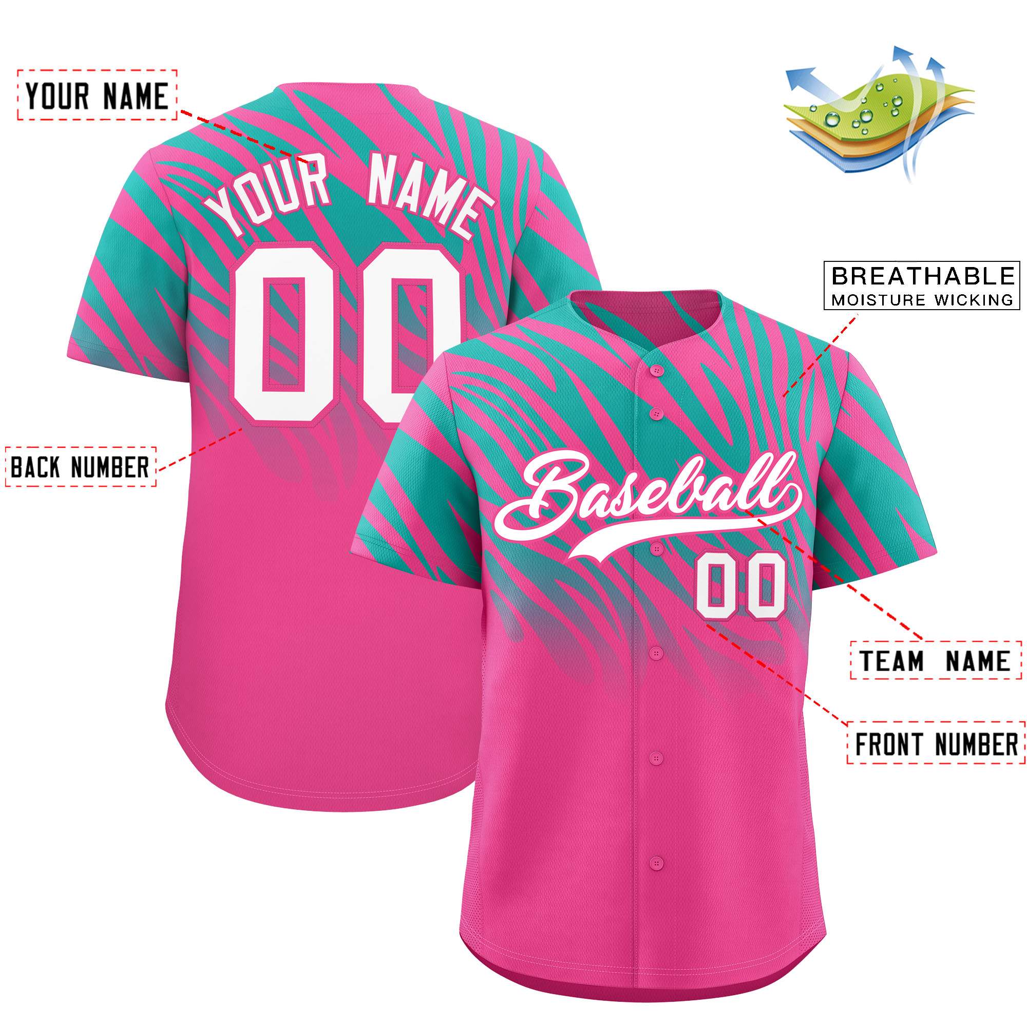 Custom Pink Aqua Tiger Stripe Gradient Animal Print Personalized Team Shirt Baseball Jersey