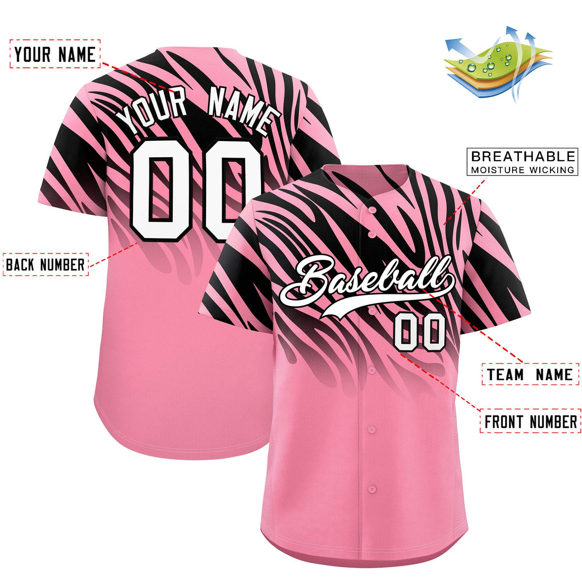 Custom Light Pink Black Tiger Stripe Gradient Animal Print Personalized Team Shirt Baseball Jersey
