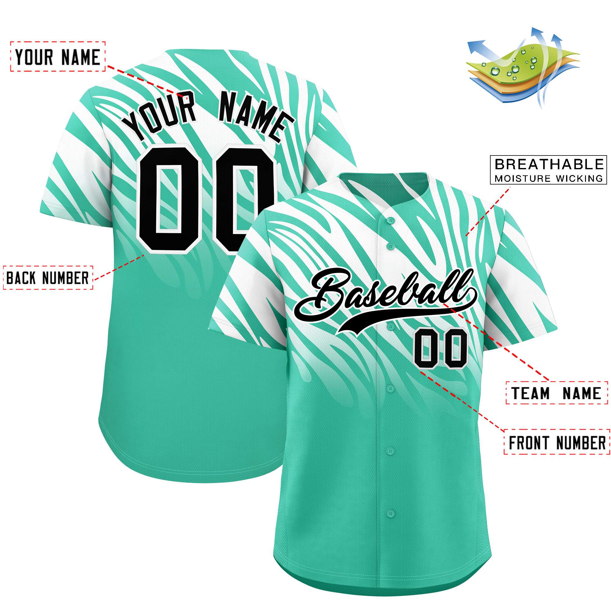 Custom Bright Green White Tiger Stripe Gradient Animal Print Personalized Team Shirt Baseball Jersey