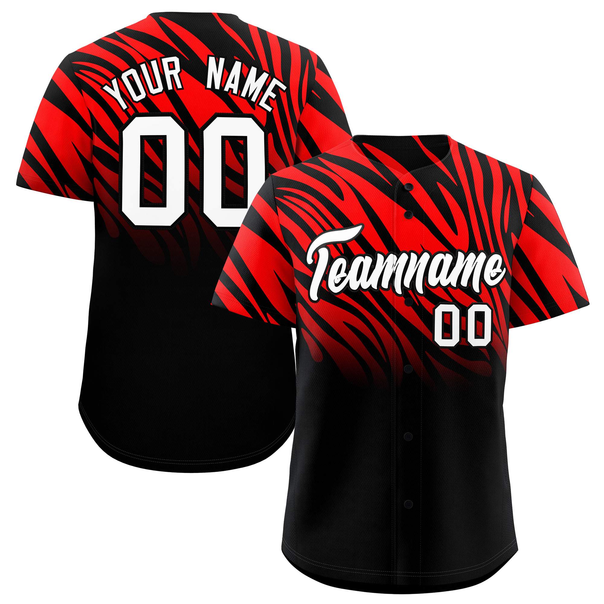 Custom Red Black Tiger Stripe Gradient Animal Print Personalized Team Shirt Baseball Jersey