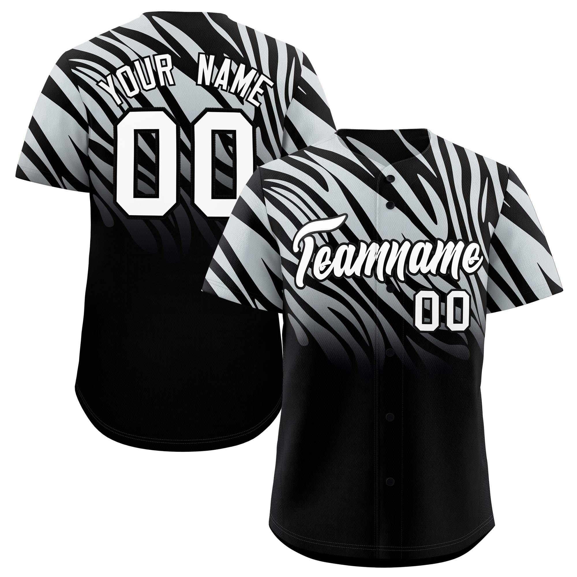 Custom Silver Black Tiger Stripe Gradient Animal Print Personalized Team Shirt Baseball Jersey
