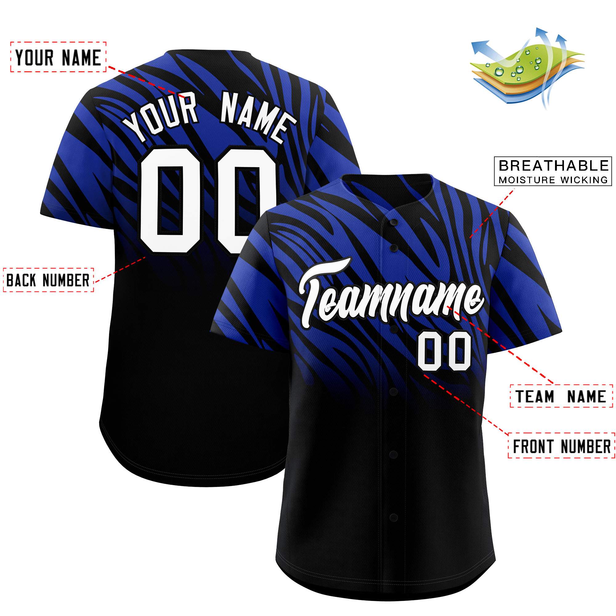 Custom Royal Black Tiger Stripe Gradient Animal Print Personalized Team Shirt Baseball Jersey