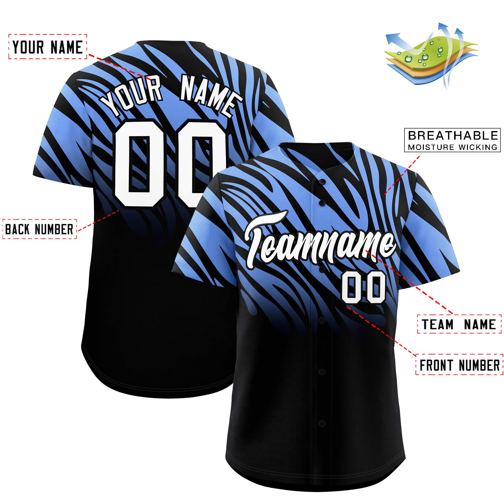 Custom Light Blue Black Tiger Stripe Gradient Animal Print Personalized Team Shirt Baseball Jersey