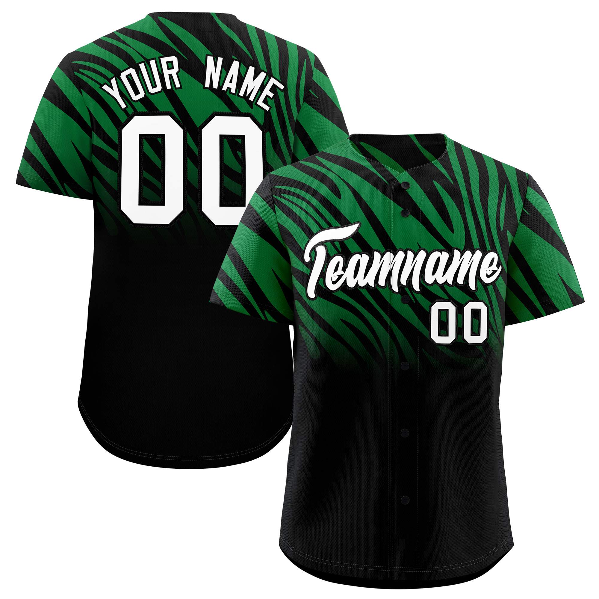 Custom Kelly Green Black Tiger Stripe Gradient Animal Print Personalized Team Shirt Baseball Jersey