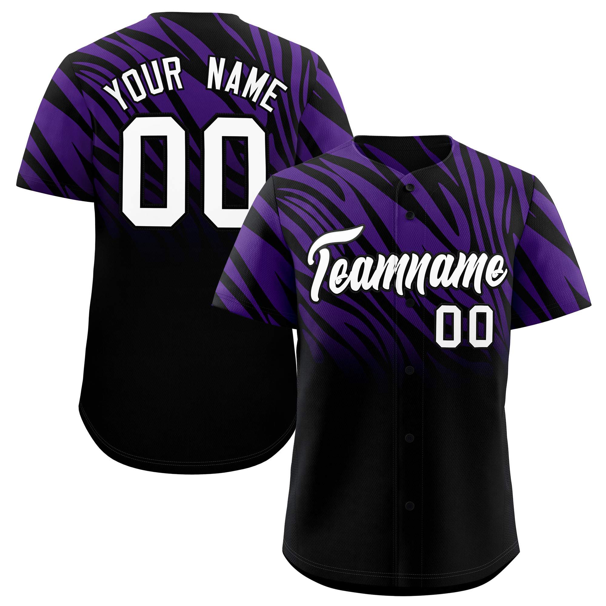 Custom Purple Black Tiger Stripe Gradient Animal Print Personalized Team Shirt Baseball Jersey
