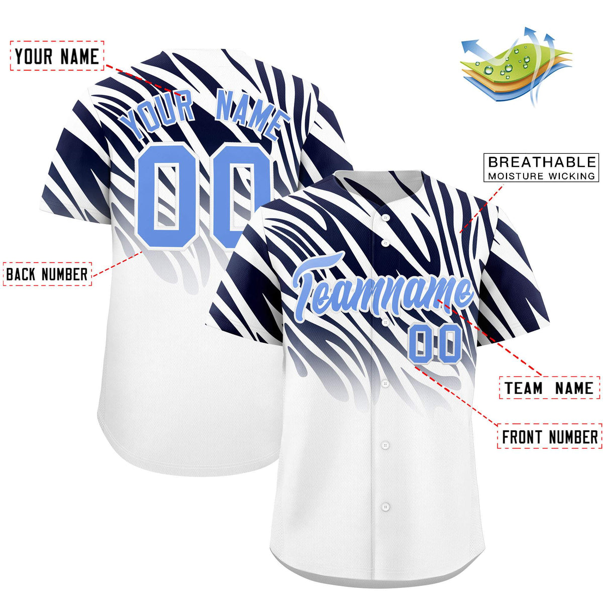 Custom Navy White Tiger Stripe Gradient Animal Print Personalized Team Shirt Baseball Jersey