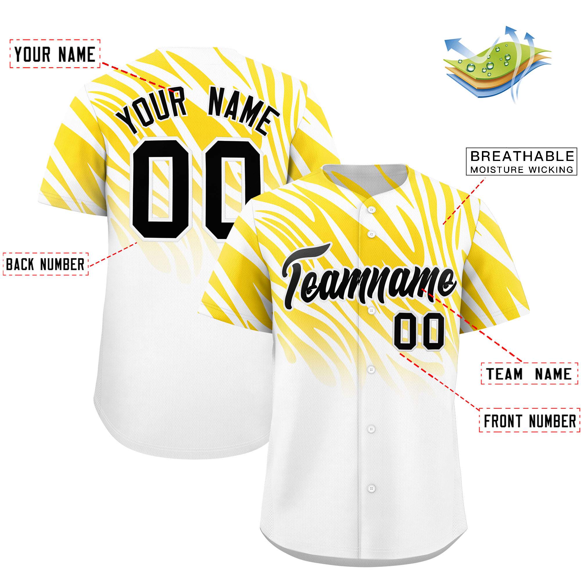 Custom Gold White Tiger Stripe Gradient Animal Print Personalized Team Shirt Baseball Jersey