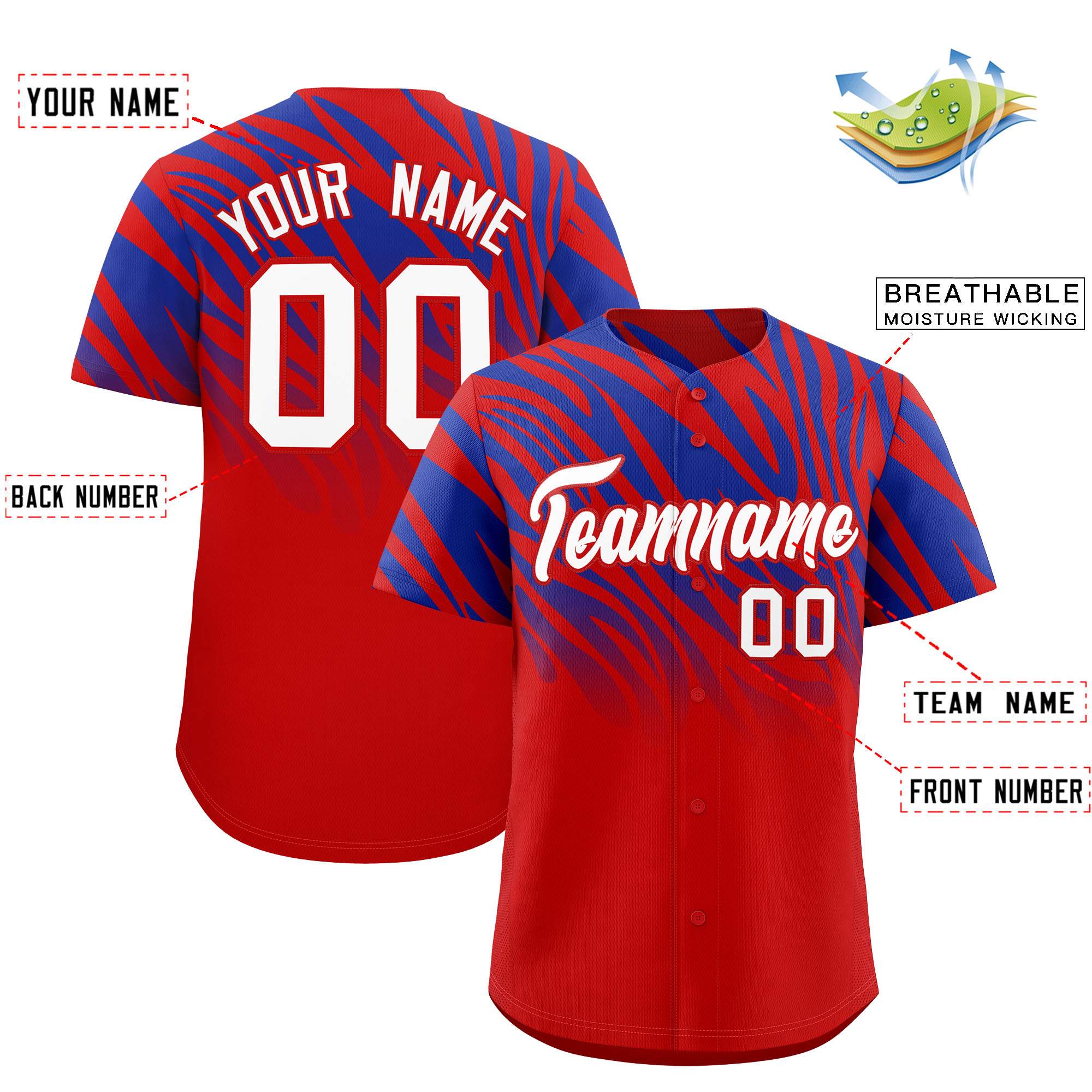 Custom Royal Red Tiger Stripe Gradient Animal Print Personalized Team Shirt Baseball Jersey
