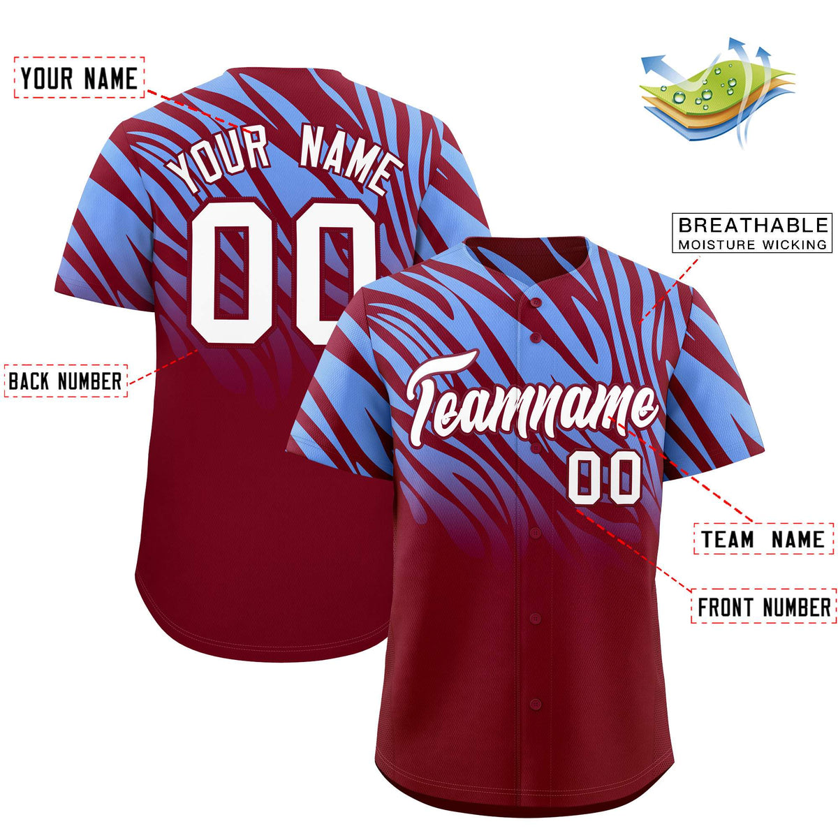 Custom Light Blue Crimson Tiger Stripe Gradient Animal Print Personalized Team Shirt Baseball Jersey