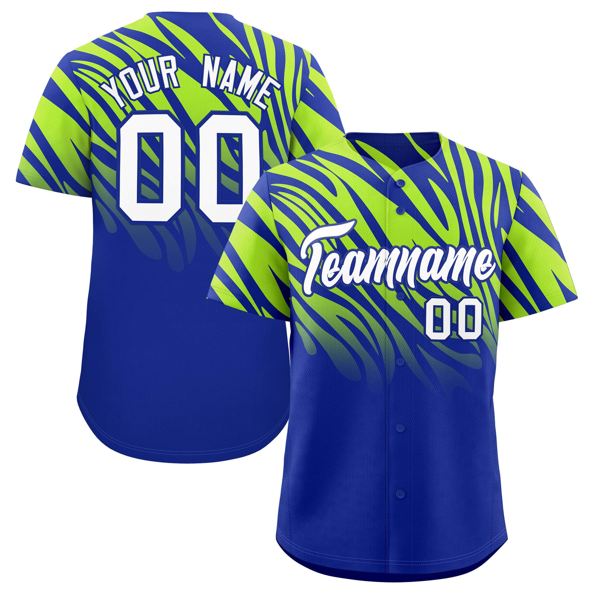 Custom Royal Neon Green Tiger Stripe Gradient Animal Print Personalized Team Shirt Baseball Jersey