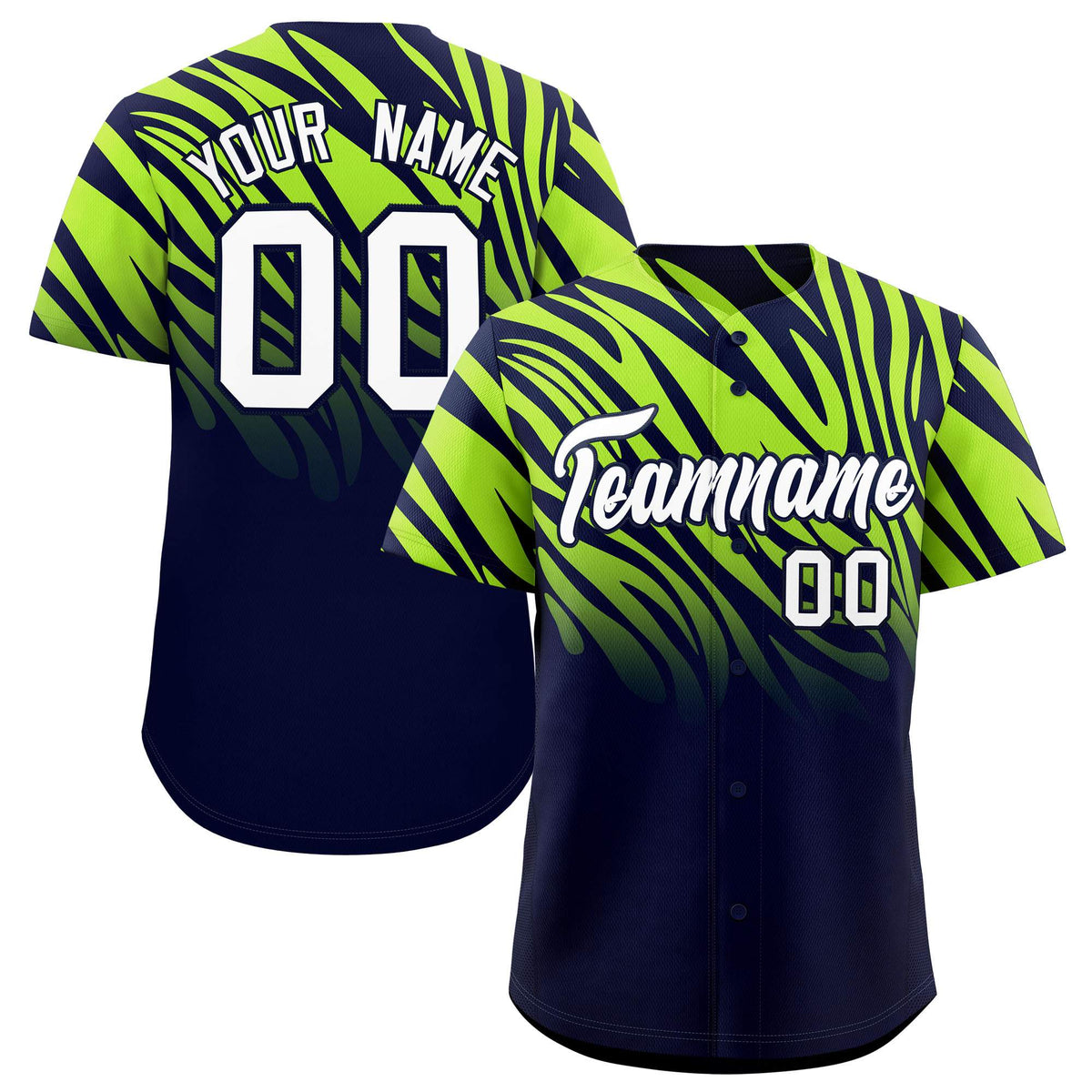Custom Navy Neon Green Tiger Stripe Gradient Animal Print Personalized Team Shirt Baseball Jersey