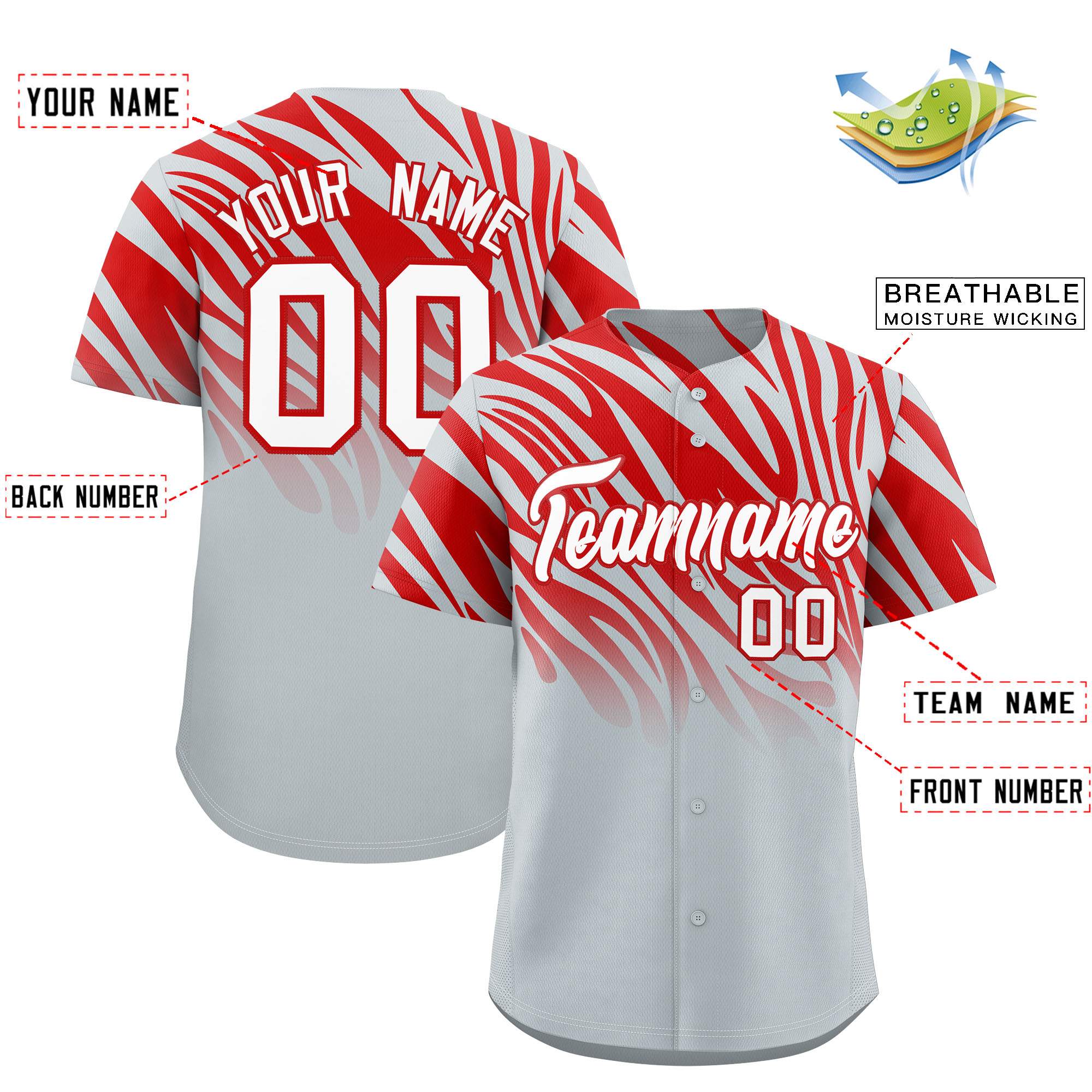 Custom Red Silver Tiger Stripe Gradient Animal Print Personalized Team Shirt Baseball Jersey