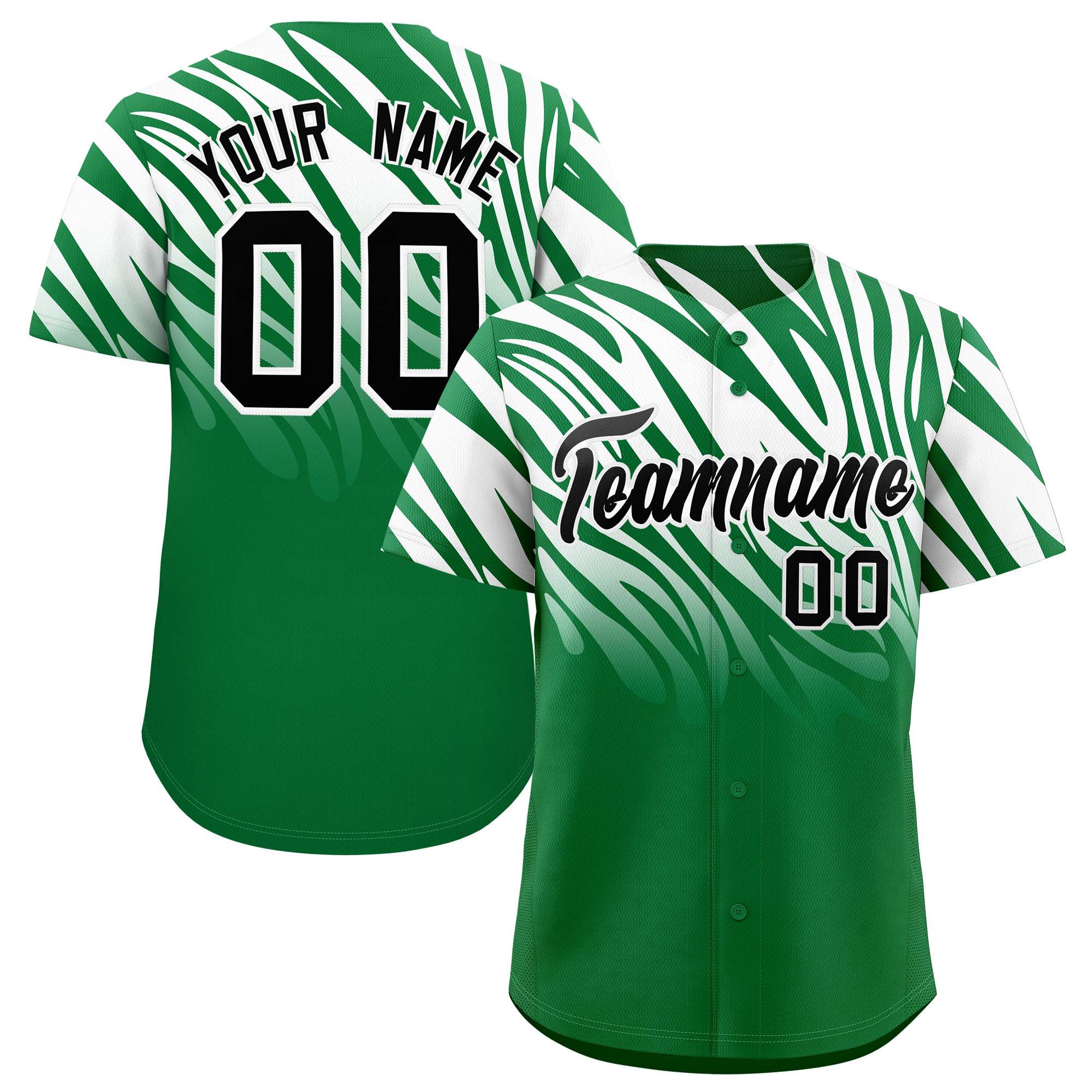 Custom Kelly Green White Tiger Stripe Gradient Animal Print Personalized Team Shirt Baseball Jersey