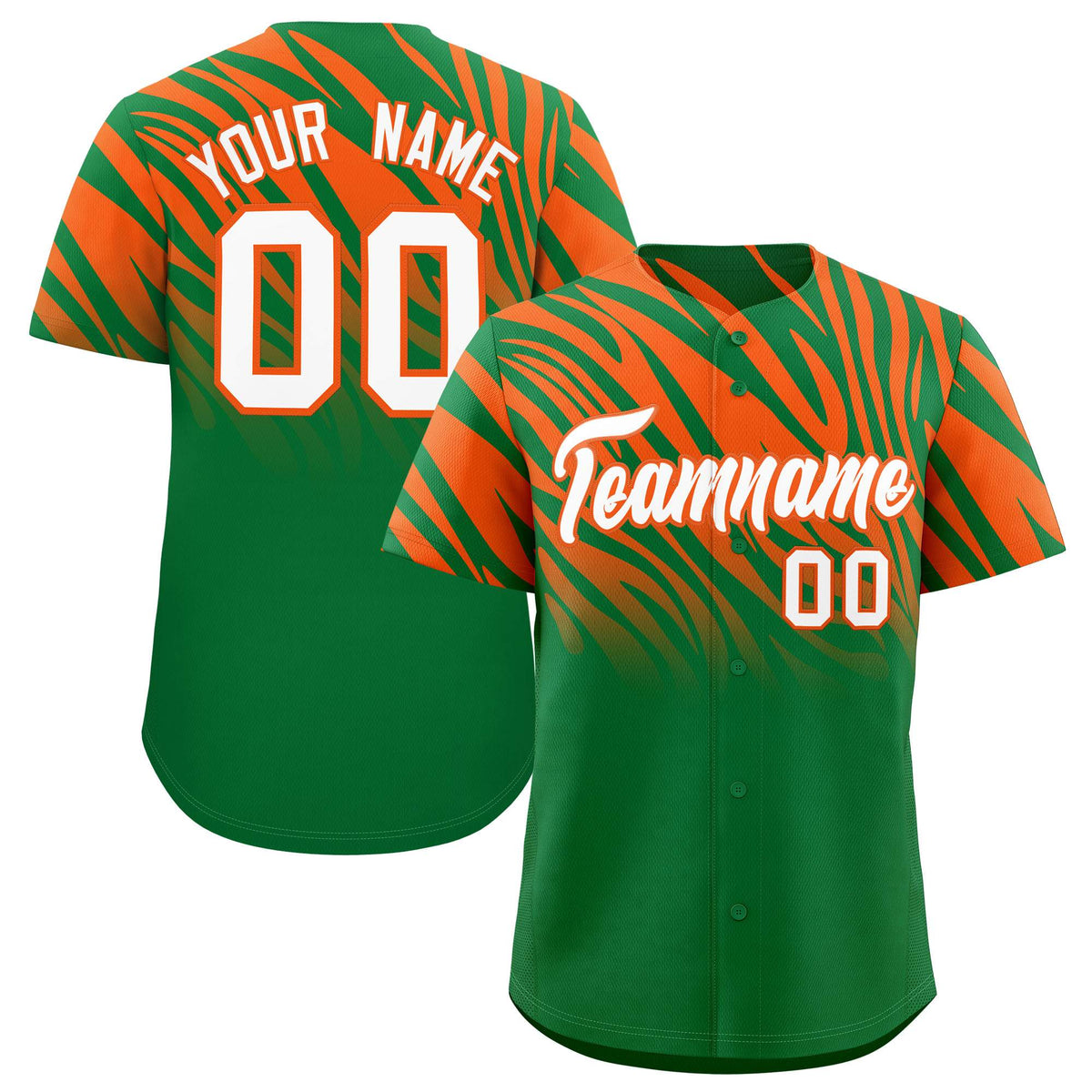 Custom Kelly Green Orange Tiger Stripe Gradient Animal Print Personalized Team Shirt Baseball Jersey