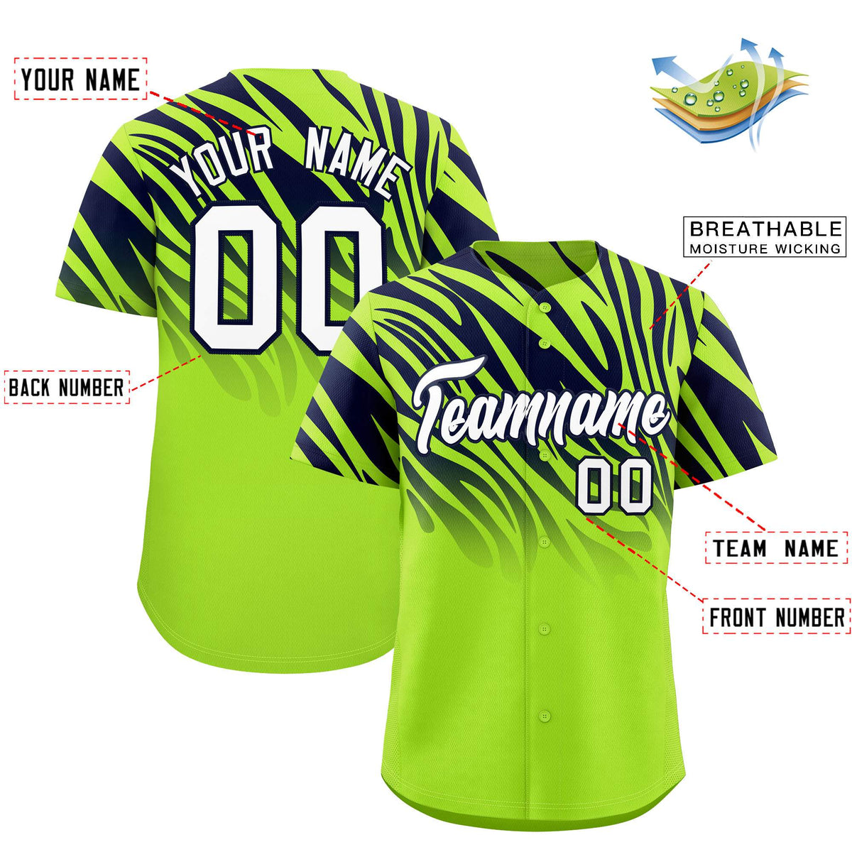 Custom Neon Green Navy Tiger Stripe Gradient Animal Print Personalized Team Shirt Baseball Jersey
