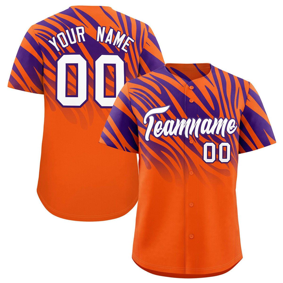 Custom Purple Orange Tiger Stripe Gradient Animal Print Personalized Team Shirt Baseball Jersey
