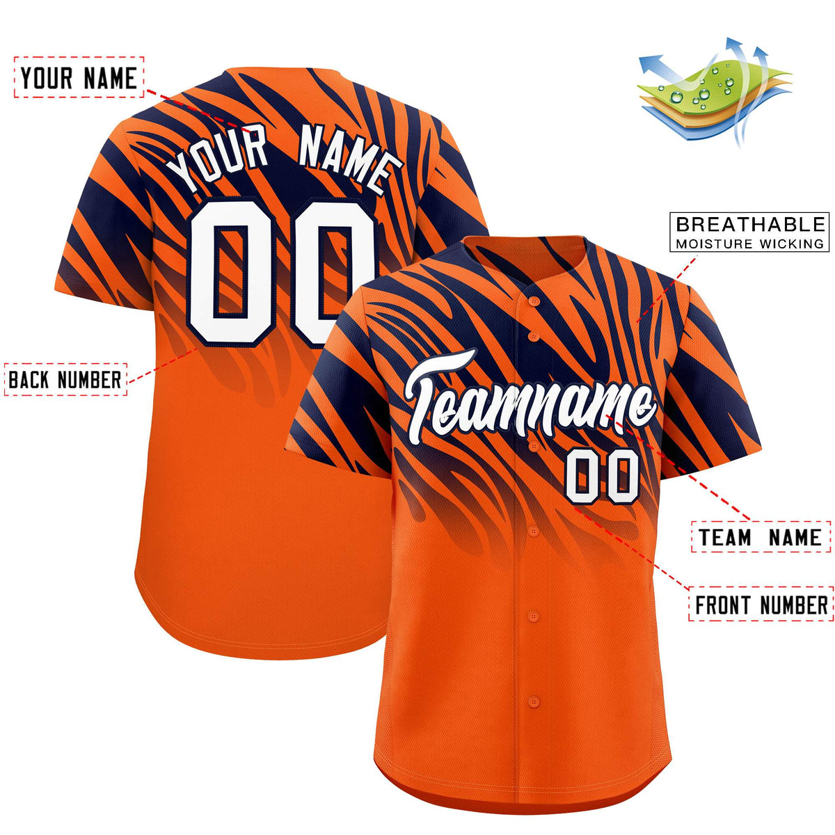 Custom Navy Orange Tiger Stripe Gradient Animal Print Personalized Team Shirt Baseball Jersey