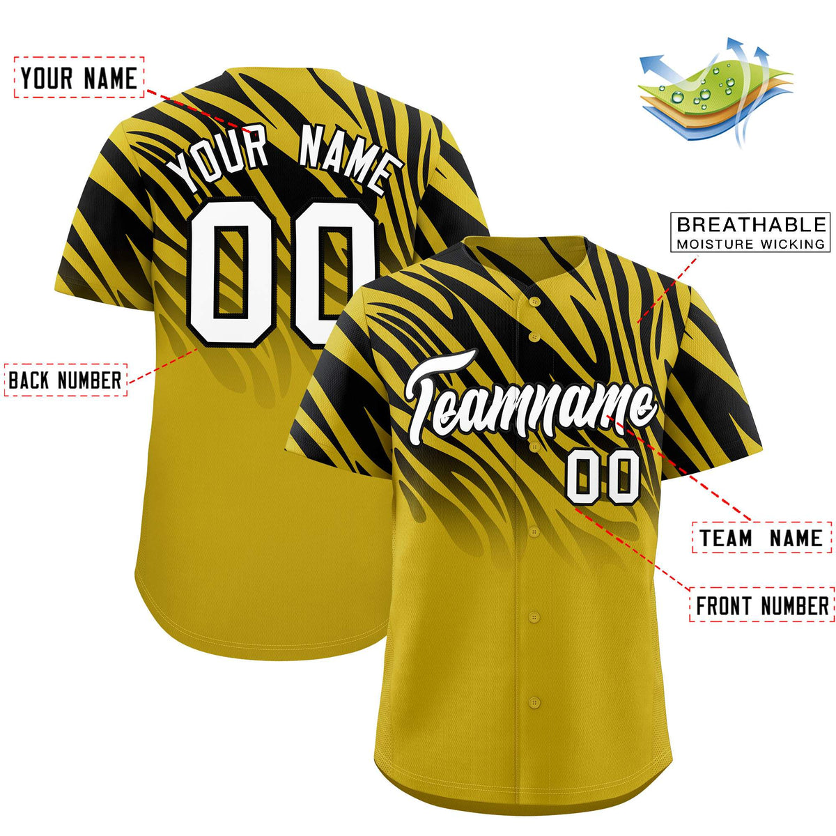 Custom Black Old Gold Tiger Stripe Gradient Animal Print Personalized Team Shirt Baseball Jersey