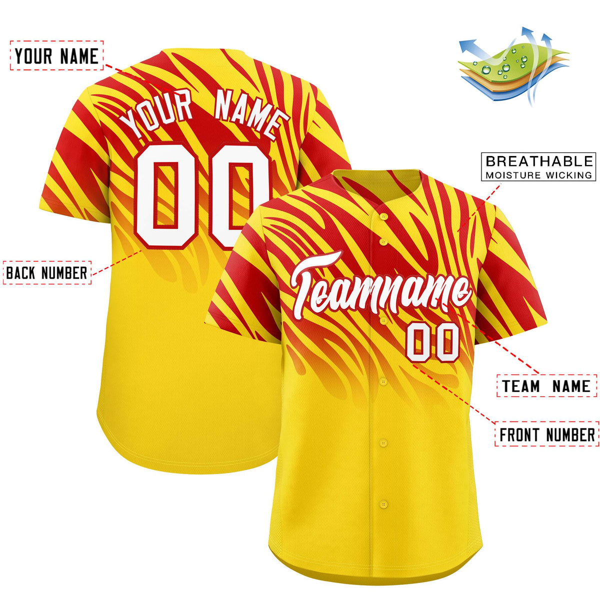 Custom Gold Red Tiger Stripe Gradient Animal Print Personalized Team Shirt Baseball Jersey