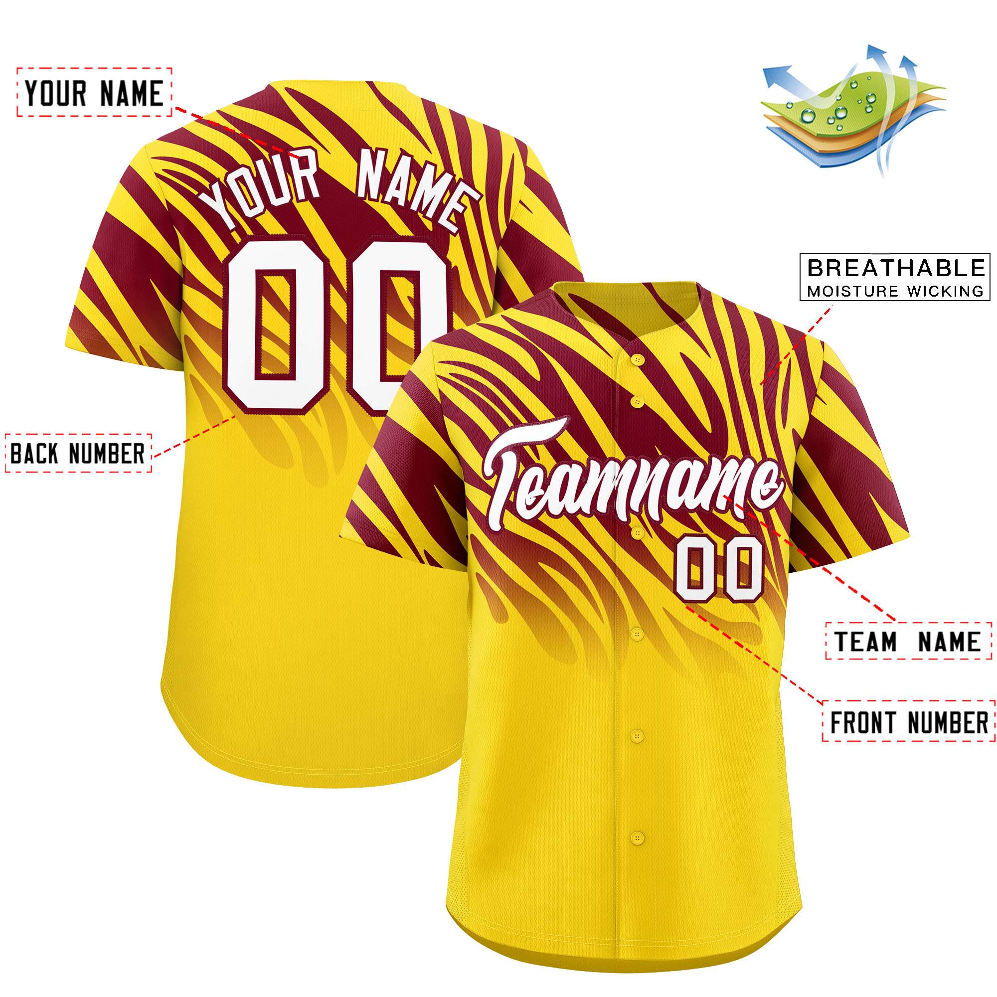 Custom Gold Crimson Tiger Stripe Gradient Animal Print Personalized Team Shirt Baseball Jersey