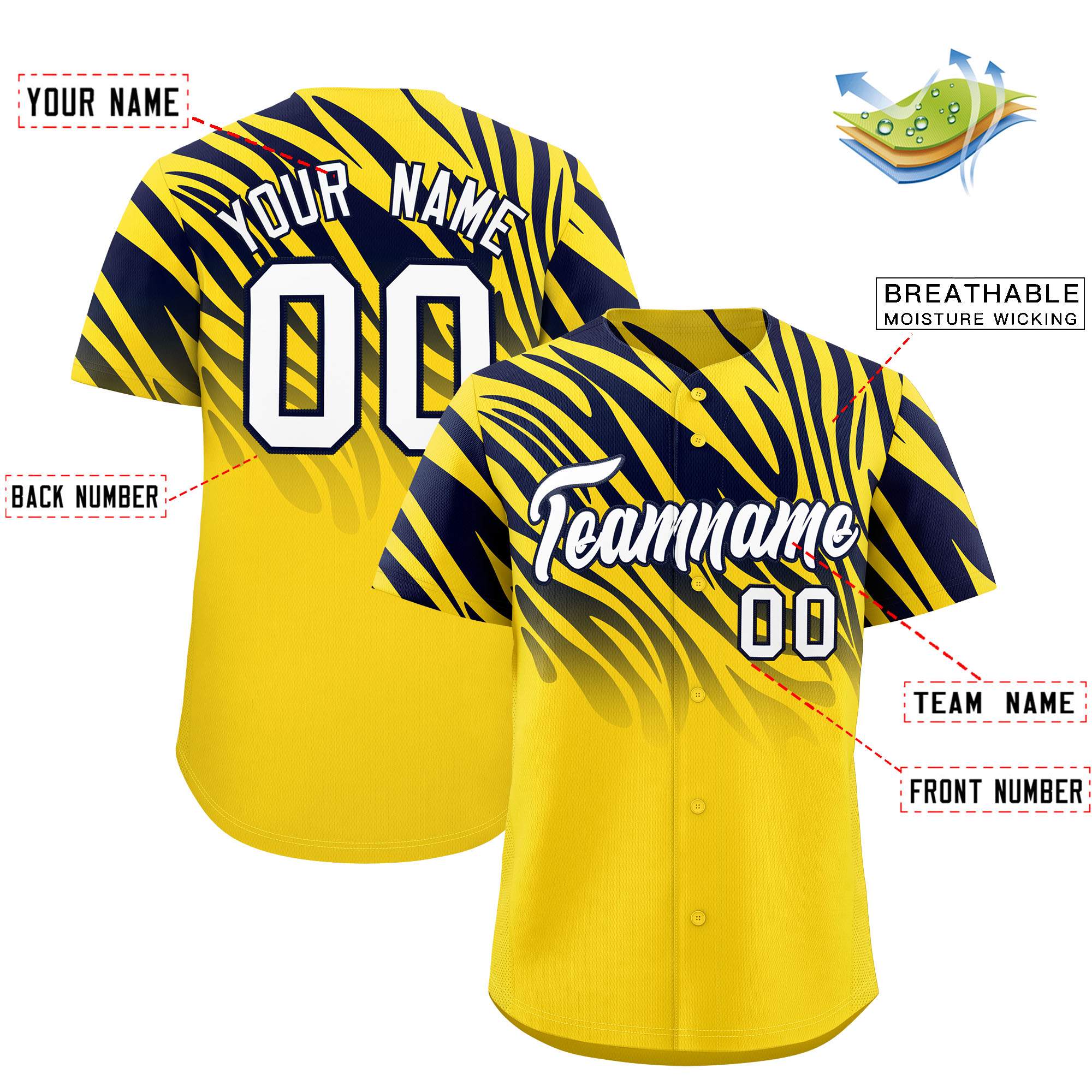 Custom Gold Navy Tiger Stripe Gradient Animal Print Personalized Team Shirt Baseball Jersey