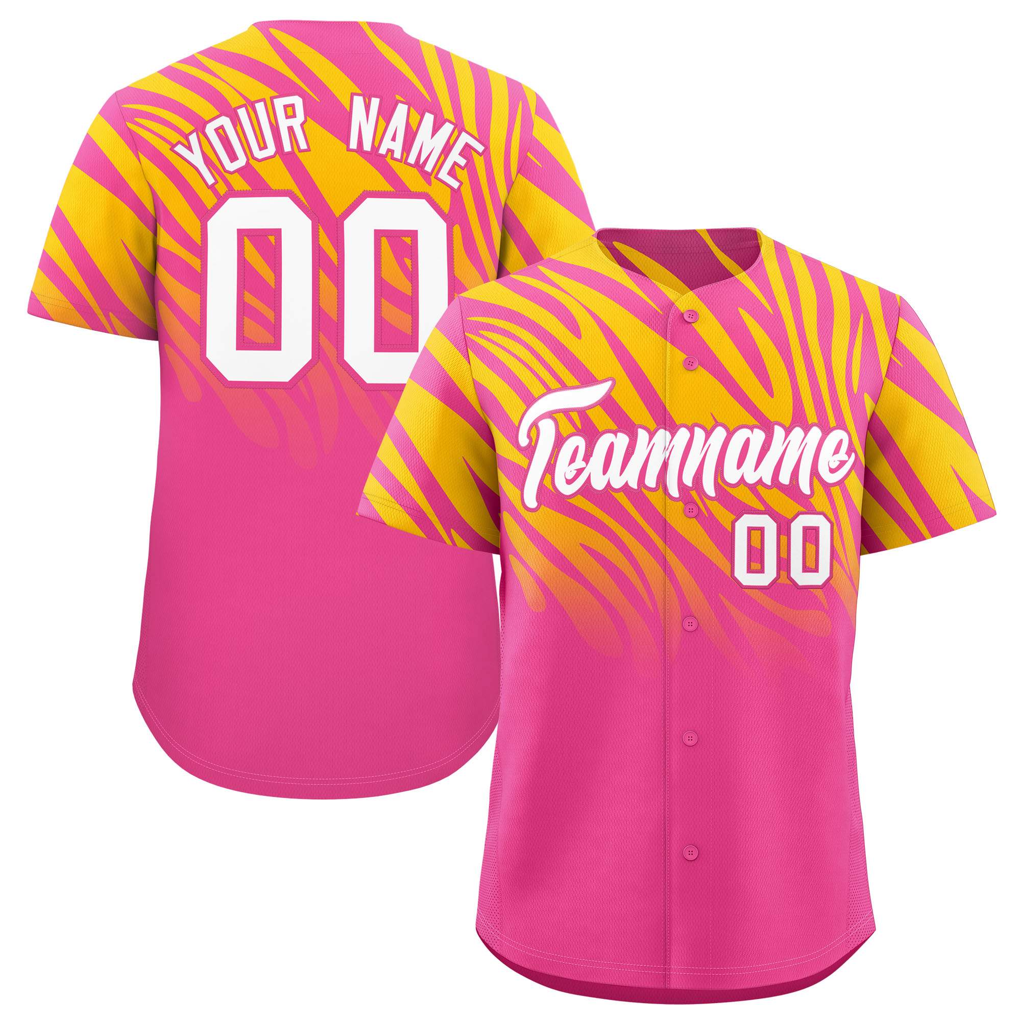 Custom Pink Gold Tiger Stripe Gradient Animal Print Personalized Team Shirt Baseball Jersey