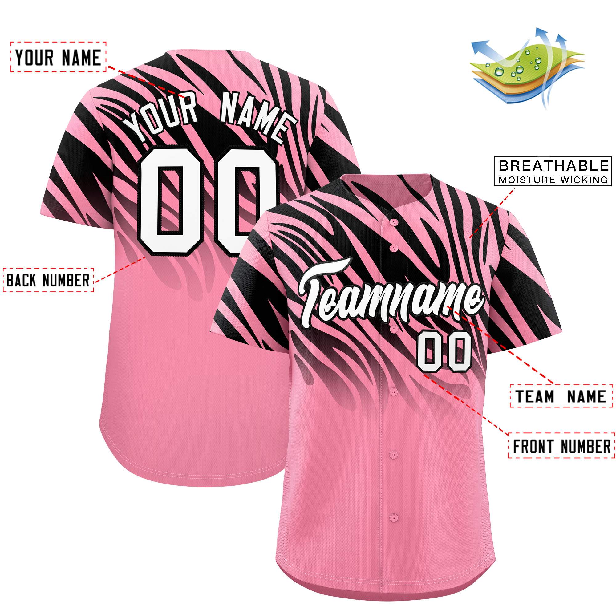 Custom Light Pink Black Tiger Stripe Gradient Animal Print Personalized Team Shirt Baseball Jersey