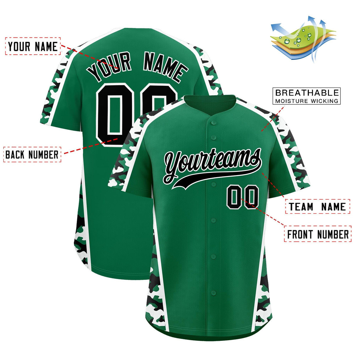 Custom Kelly Green Black Side Camo Style Personalization Baseball Jersey| KXKSHOP