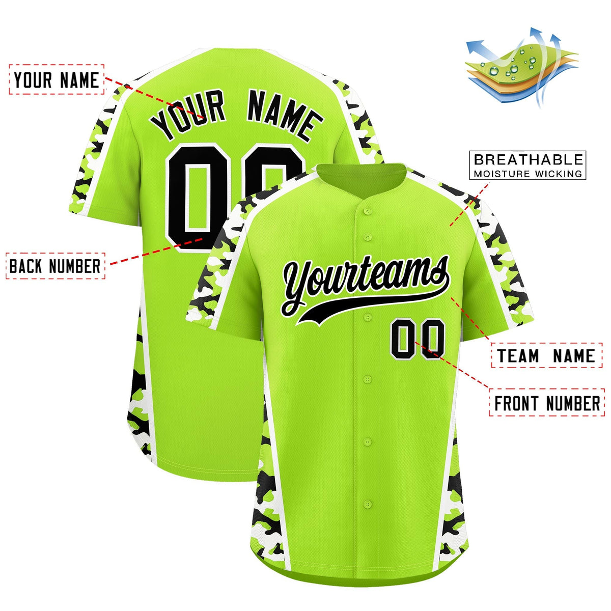 Custom Neon Green Black White Side Camo Style Personalization Baseball Jersey| KXKSHOP