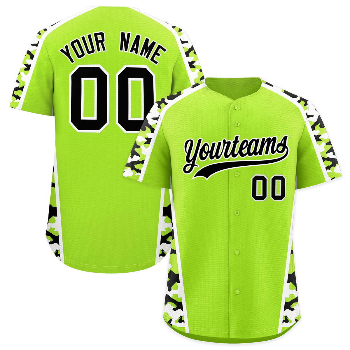 Custom Neon Green Black White Side Camo Style Personalization Baseball Jersey| KXKSHOP