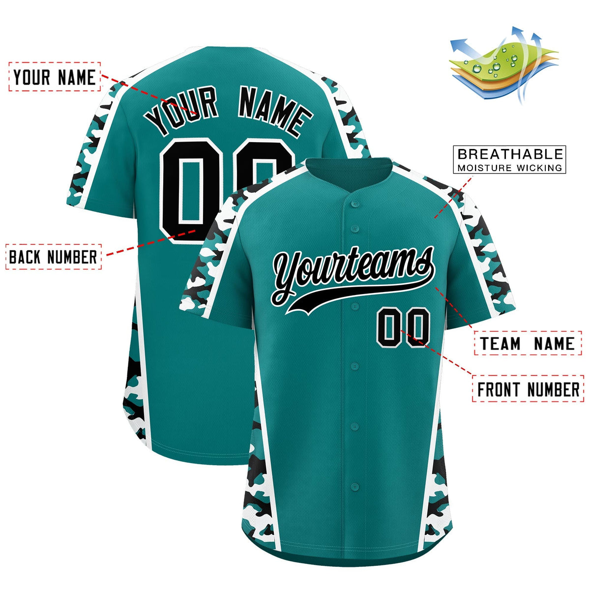 Custom Teal Black White Side Camo Style Personalization Baseball Jersey| KXKSHOP