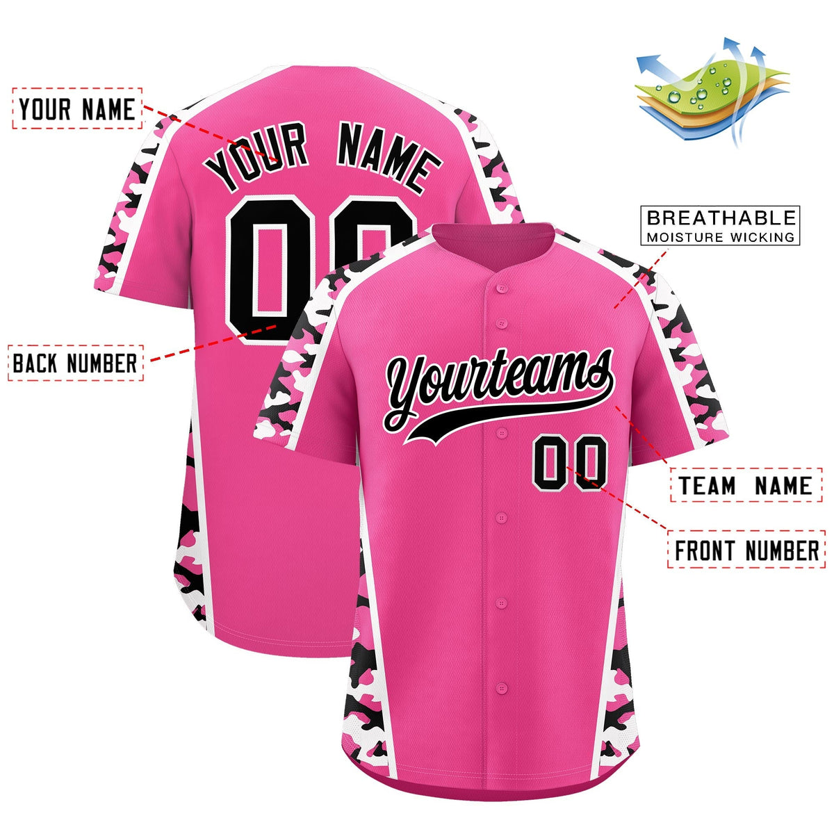 Custom Pink Black Side Camo Style Personalization Baseball Jersey| KXKSHOP
