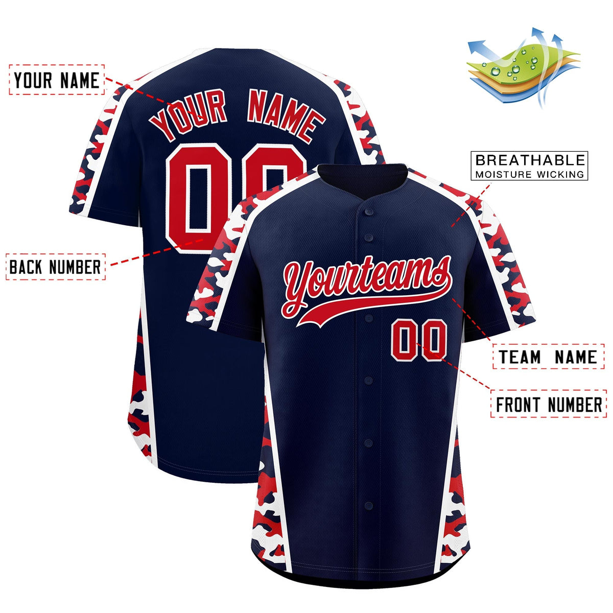 Custom Navy Red Side Camo Style Personalization Baseball Jersey| KXKSHOP