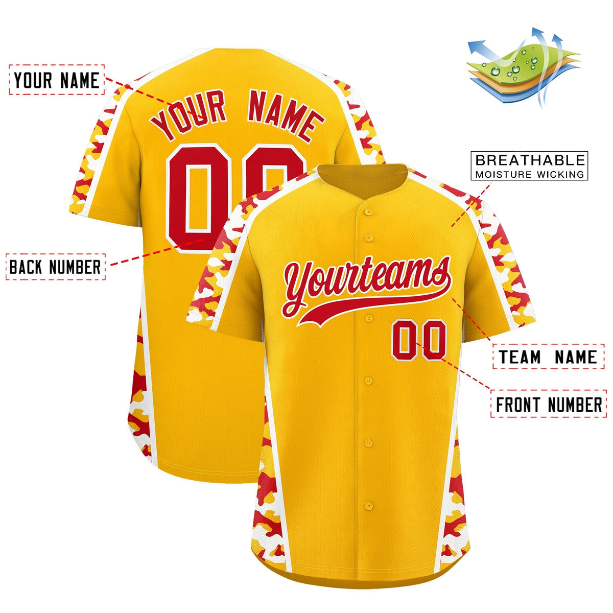 Custom Yellow Red Side Camo Style Personalization Baseball Jersey| KXKSHOP