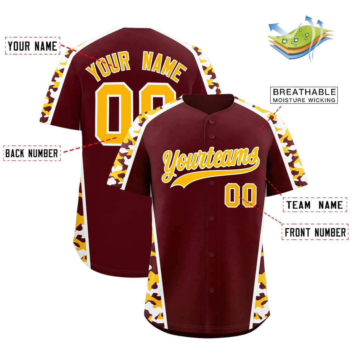 Custom Burgundy Yellow Side Camo Style Personalization Baseball Jersey| KXKSHOP