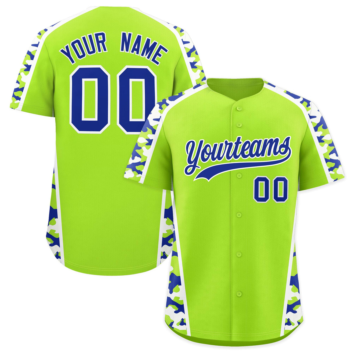 Custom Neon Green Royal Blue Side Camo Style Personalization Baseball Jersey| KXKSHOP