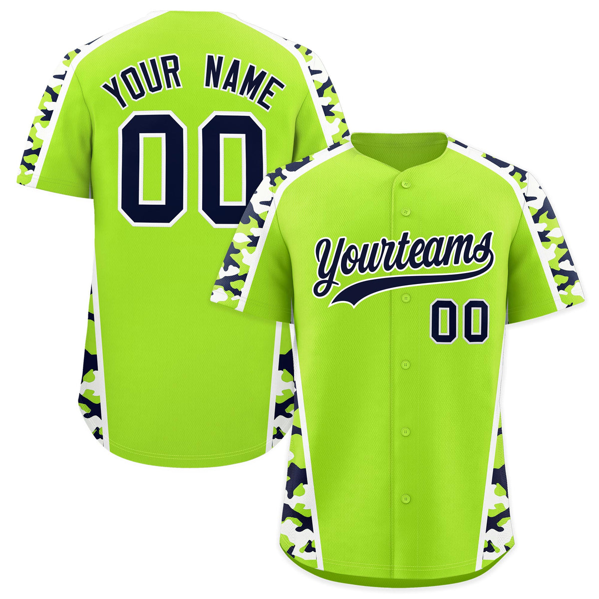Custom Neon Green Navy Side Camo Style Personalization Baseball Jersey| KXKSHOP