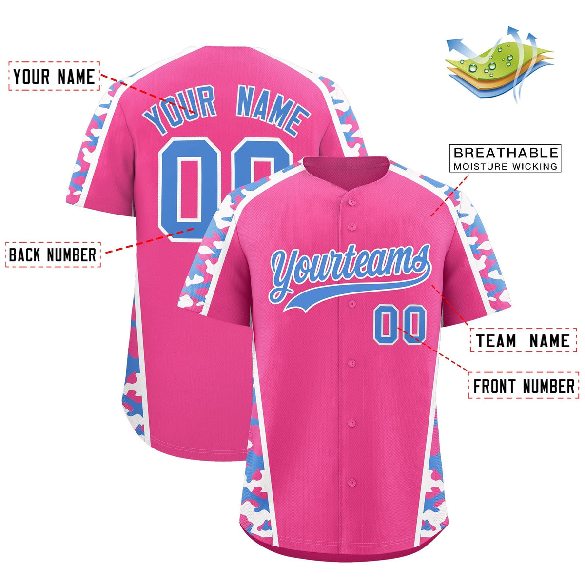 Custom Pink Powder Blue Side Camo Style Personalization Baseball Jersey| KXKSHOP