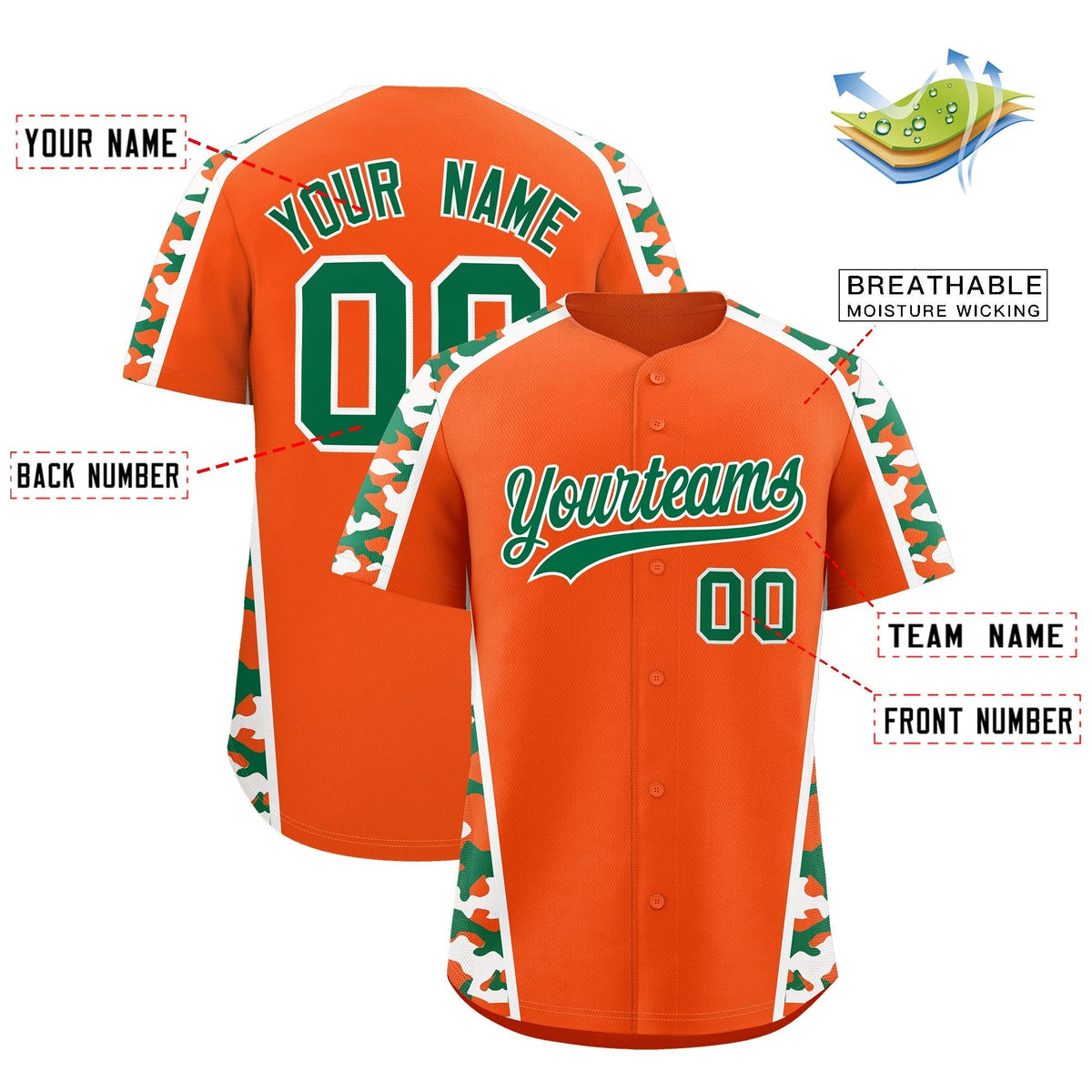 Custom Orange Kelly Green Side Camo Style Personalization Baseball Jersey| KXKSHOP