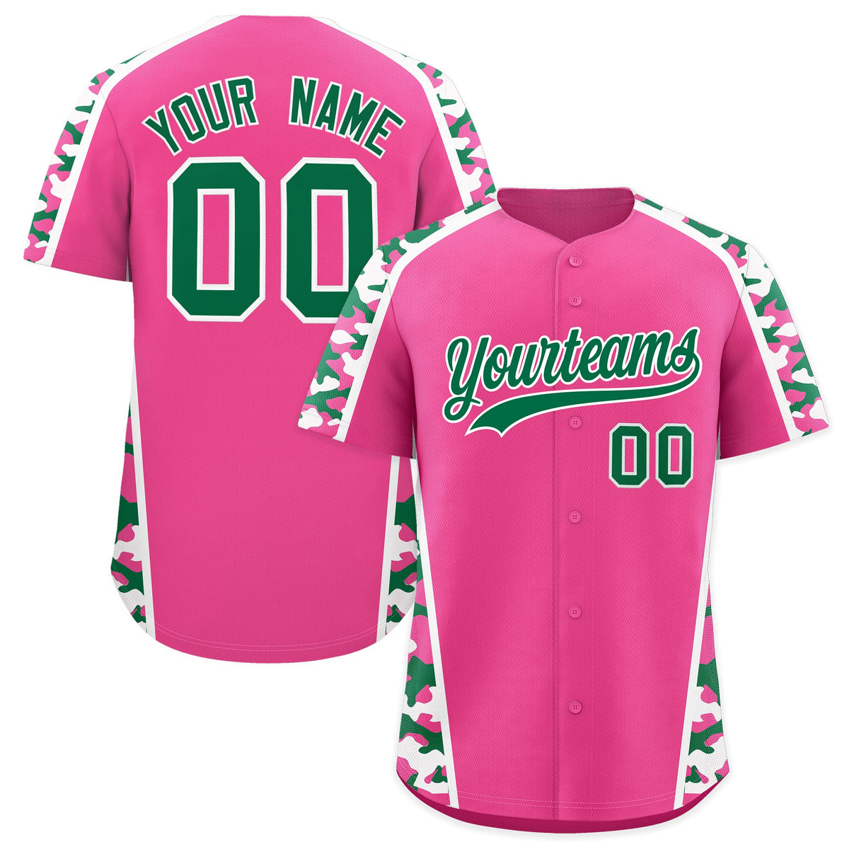 Custom Pink Kelly Green Side Camo Style Personalization Baseball Jersey| KXKSHOP