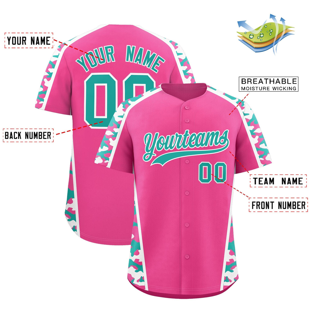 Custom Pink Aqua Side Camo Style Personalization Baseball Jersey| KXKSHOP